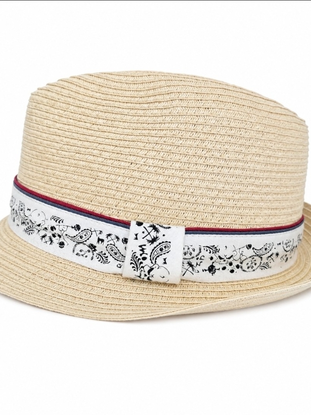 Men’s Beige Straw Fedora Hat Paisley Band Red Navy Trim